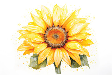 watercolor of sunflower in drops of water close-up for background.GenerativeAI.