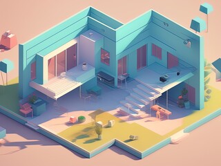 3 d illustration of house, interior, living room. 3 d illustration, isometric
