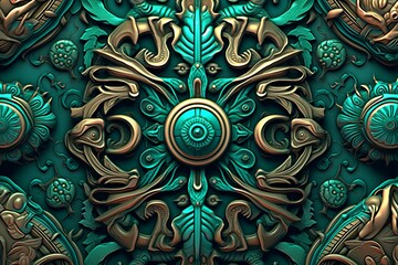 an ornate design on a green and gold background