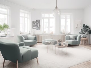 Naklejka na ściany i meble modern living room with white sofa, armchair and parquet floor. interior design