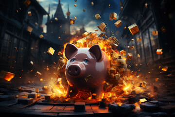 Piggy bank explodes with fire, sparks and smoke on a dark background, money saving concept