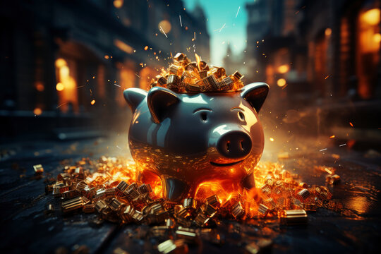 Piggy bank explodes with fire, sparks and smoke on a dark background, money saving concept