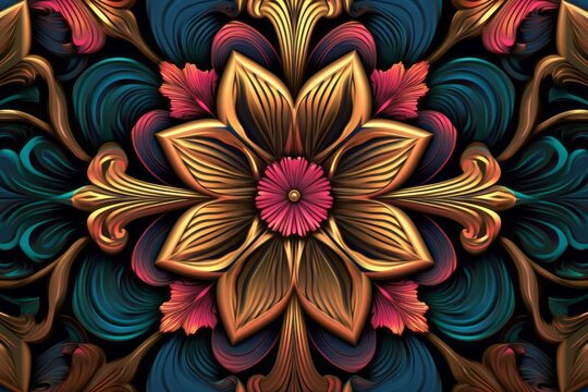 an ornate floral pattern in gold blue and red colors