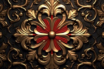an ornate gold and red design on a black background