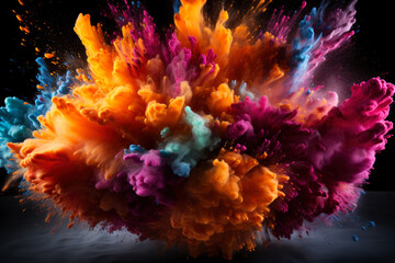Fototapeta na wymiar Multicolored powder, smoke and ink explode on a black background, colored abstract background