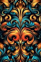an ornate pattern with gold and blue colors on a black background