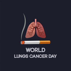 World Lung Cancer Day Poster with white cancer awareness ribbon vector. White awareness ribbon, human lungs, and world silhouette icon vector. August 1. Important day