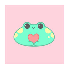 Artwork of a cute little frog holding a heart on pastel pink background. Can be used as a poster, postcard, sticker or icon