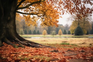 Fototapeta premium autumn leaves on the ground near a tree