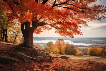 Fototapeta premium autumn tree on the hillside with a lake in the background