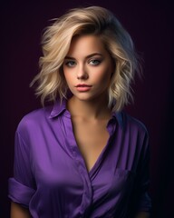 beautiful blonde woman in purple shirt posing for the camera