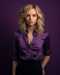 Fototapeta premium beautiful blonde woman in purple shirt posing against purple background