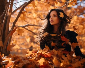 beautiful girl with long hair sitting in autumn leaves