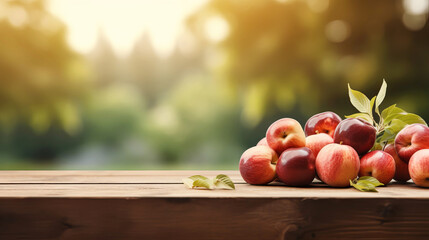 Ripe apple harvest And Empty wooden table with rural background. Selective focus on tabletop. Generative AI illustration