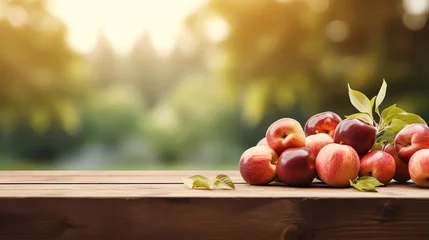 Fotobehang Ripe apple harvest And Empty wooden table with rural background. Selective focus on tabletop. Generative AI illustration © colnihko