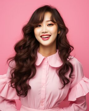 beautiful young asian woman with long curly hair and pink shirt on pink background
