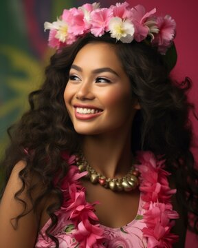beautiful young woman in hawaiian dress with flower wreath on pink background
