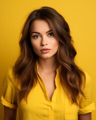 beautiful young woman in yellow shirt on yellow background