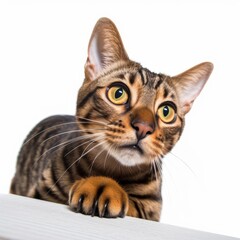 bengal cat looking up at the camera on a white background