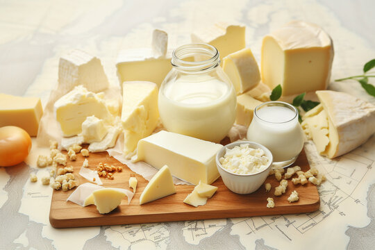 Food and culture concept. Various dairy products such as milk, cheese, cheese with mold, cream, butter, curd and others placed on European visualized map background. Generative AI