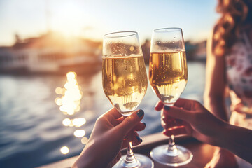 Friends clinking sparkling wine glasses at sunset on a yacht. Generative AI illustration