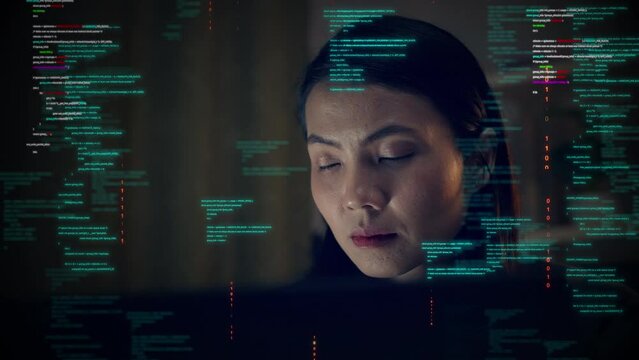 Asian woman working on a computer with binary code protection against cybersecurity threats. Increase the security of data access Programmers who develop software or applications using AI innovations.