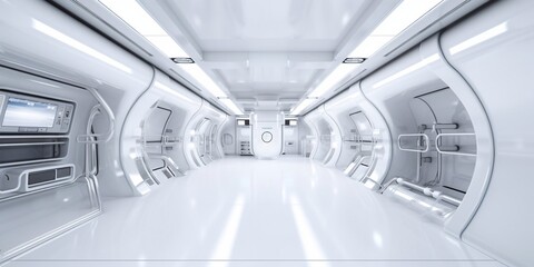 White corridor, tunnel in spaceship or future building. Generated AI