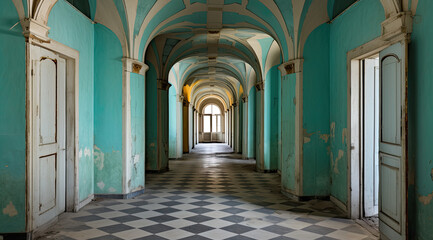 corridor in old abandoned building, hospital.