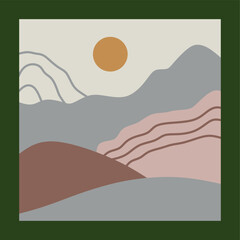 Abstract landscape composition with mountains and sun made of simple shapes and colors