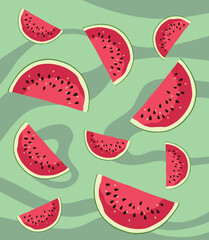 Bright juicy seamless pattern with watermelon pieces and seeds on a green background with waves