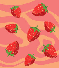 Bright seamless pattern with big  juicy strawberries on pink-caramel waved background