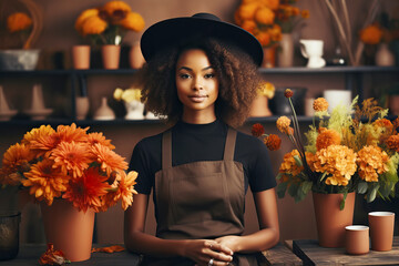 Attractive african american woman florist working in flower shop. Creation of autumn decor for Halloween celebration