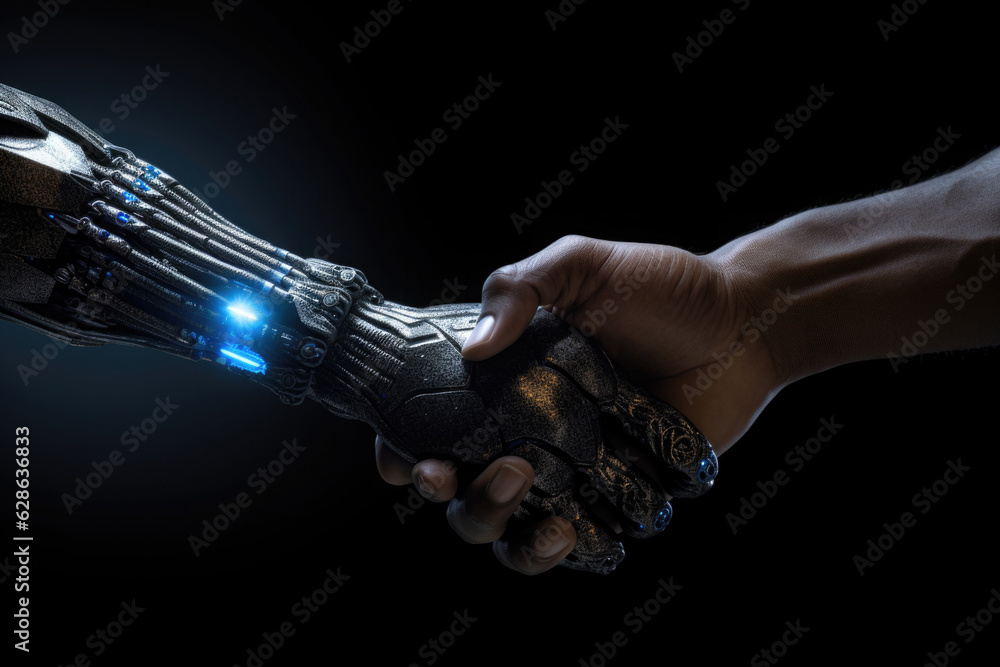 Aufkleber robotic and human arms interact with each other. handshake between human and artificial intelligence