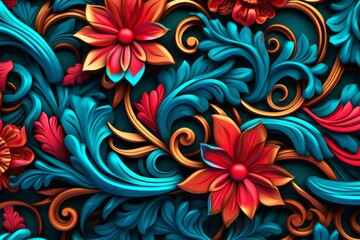 colorful floral pattern with swirls and swirls on a blue background