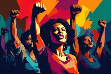 Creative sticker with female activists. Women with raised fists on abstract background.
