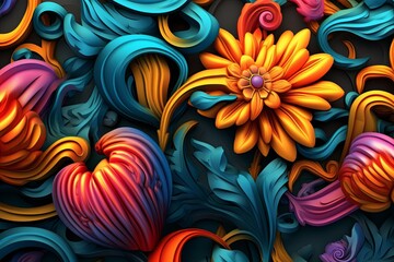 Fototapeta na wymiar colorful flowers and swirls on a black background