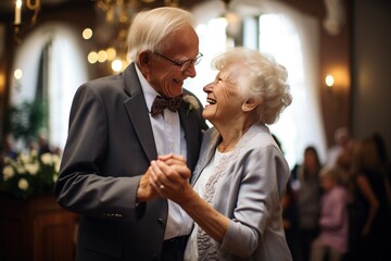 Happy dancing romantic loving old couple at the wedding created generative AI