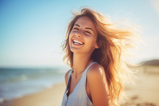 Happy beautiful young woman smiling at the beach side - Delightful girl enjoying sunny day out - Healthy lifestyle concept with female laughing outside generative AI