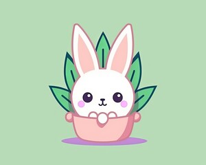 cute bunny in a pot with green leaves on a green background