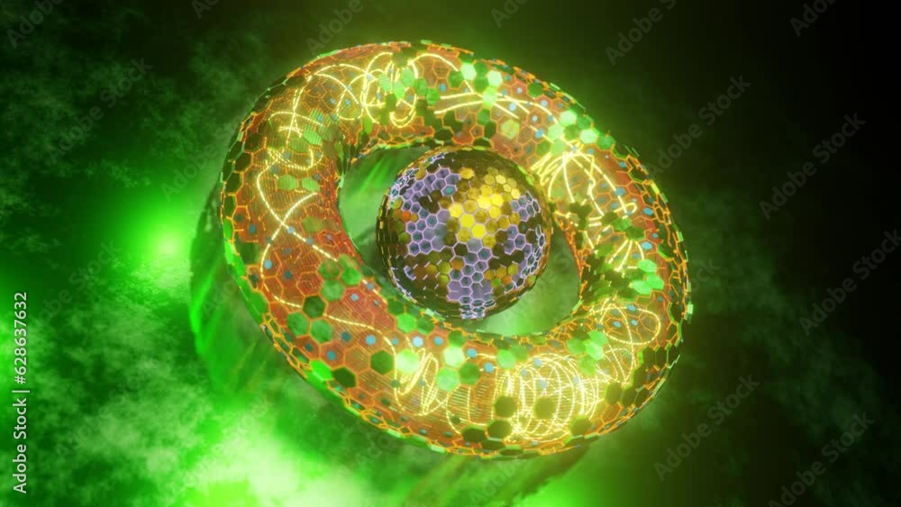 Poster loop 3d animation of a fantastic torus. a ring of many hexagonal elements and rays of glowing light.
