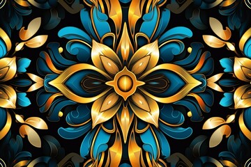 gold and blue floral pattern on a black background