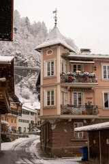 Berchtesgaden historic old town in winter day with snow, Upper Bavaria, Germany