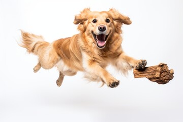 golden retriever dog jumping in the air with a toy in its mouth