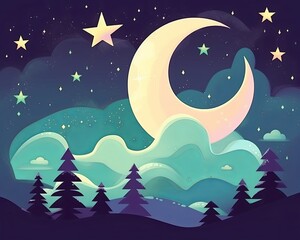 illustration of the night sky with a crescent moon and stars