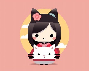 japanese kitty girl holding a cat
