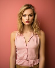 Naklejka premium portrait of a beautiful blonde woman posing against a pink wall