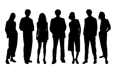 Vector silhouettes of  men and a women, a group of standing   business people, profile, black  color isolated on white background