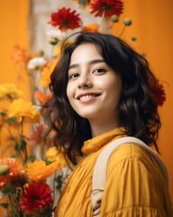 Naklejka premium portrait of a beautiful young woman with a bouquet of flowers on an orange background