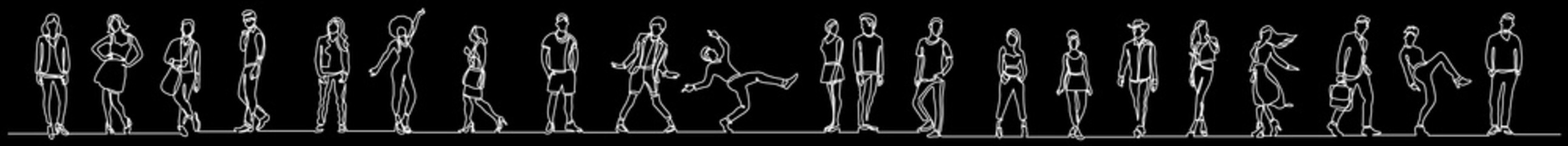 continuous line drawing vector illustration with FULLY EDITABLE STROKE of group of various positive diverse line people in a row on black background