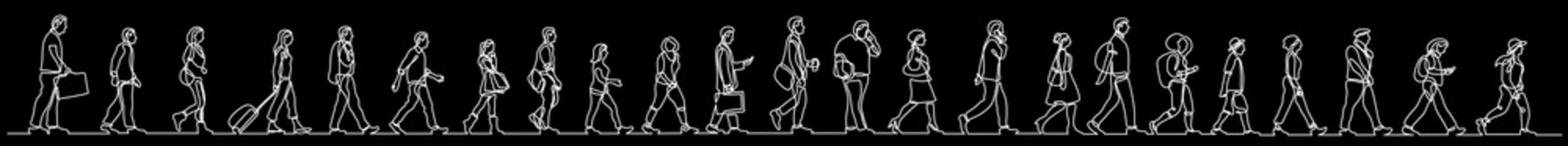 continuous line drawing vector illustration with FULLY EDITABLE STROKE of group of various positive diverse line people in a row on black background